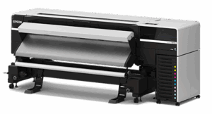 Imprimante grand format Epson SureColor SC-S8100 64 pouces, avec écran tactile et système de rouleau pour impression de signalétique haute qualité.